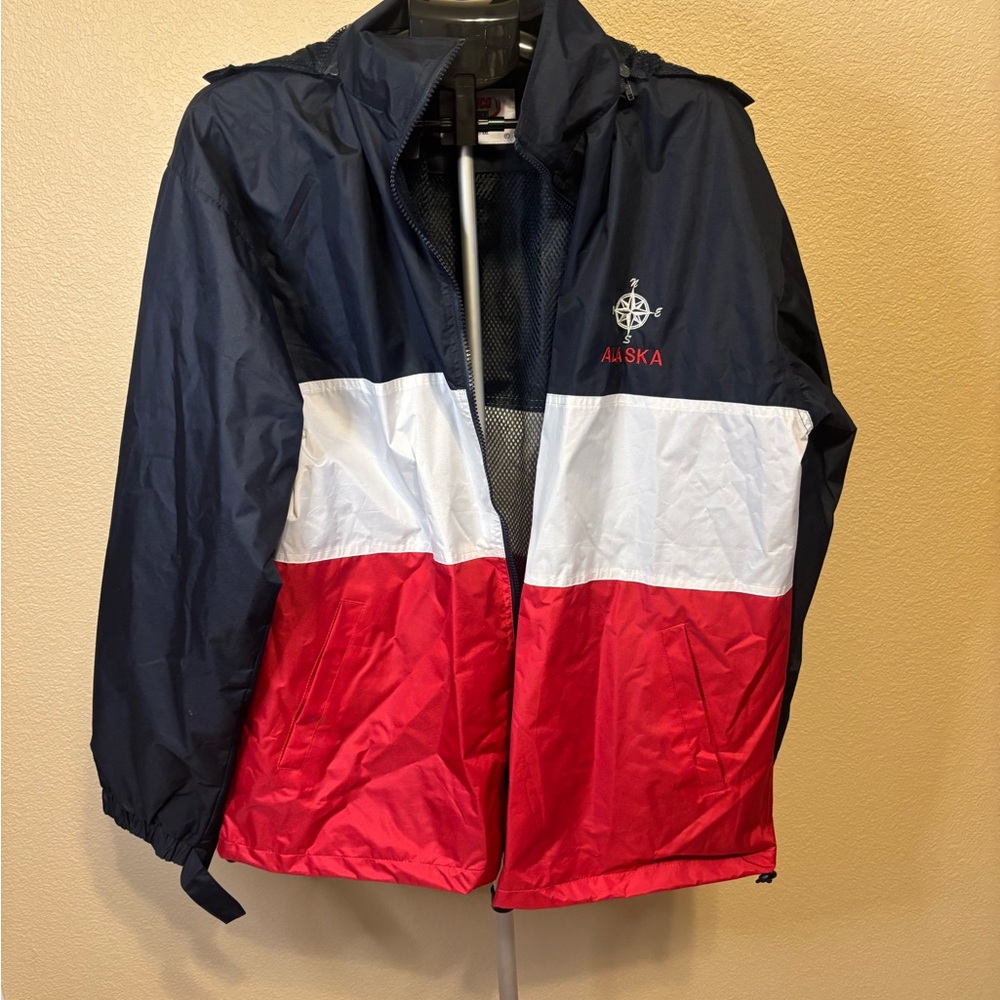 Alaska Souvenir XXL Colorblock Hooded Windbreaker Jacket Navy Red White